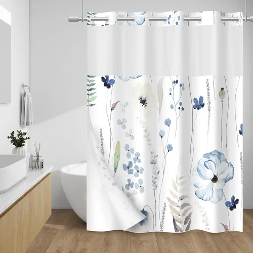 WITHLOC Cortina de ducha sin gancho con forro a presión, cortina de ducha floral, forro interior impermeable de tela, cortinas de ducha modernas de