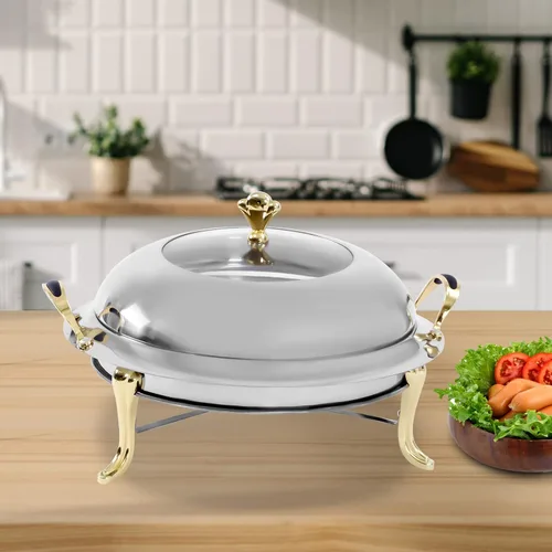 Miniatura 9 de Plato redondo para rozar, bandeja calentadora de bufé de acero inoxidable de 3.17 cuartos de galón con tapa y soporte de combustible para cocina