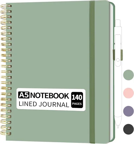 YOXMJDB Cuaderno rayado en espiral, pequeño cuaderno de rayas universitarias A5 con soporte para bolígrafo, cuaderno de tapa dura de 140 páginas