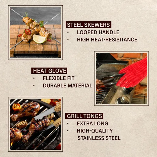 Miniatura 6 de Juego de parrilla BBQ de 11 piezas con caja de madera de arce grabada, herramientas de barbacoa de acero inoxidable premium con mangos de madera