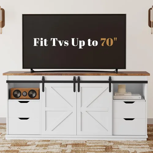 Miniatura 7 de YESHOMY Soporte de TV para televisores de hasta 65 pulgadas, con puertas correderas de granero y 4 cajones de almacenamiento, mesa consola y muebles