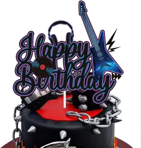 Decoración de guitarra eléctrica para pastel de cumpleaños, color negro y morado con purpurina de rock and roll, notas musicales musicales, tema de