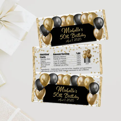 Miniatura 2 de Paquete de 20 envolturas de barra de caramelo personalizadas, diseño de globo, recuerdos modernos de fiesta de cumpleaños, etiquetas de barra