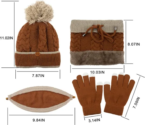 Miniatura 7 de Gorro de punto de invierno con bufanda y cubierta facial, guantes de pantalla táctil para mujer, gorro de calavera con pompón y forro polar