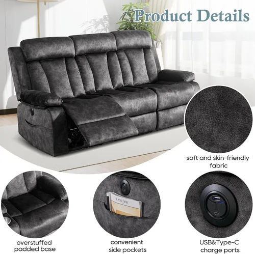 Miniatura 6 de Sofá reclinable eléctrico GUEAPY, sofá reclinable de 3 plazas con masaje y calor, mesa desplegable, puertos de carga USB y tipo C, portavasos, Gris
