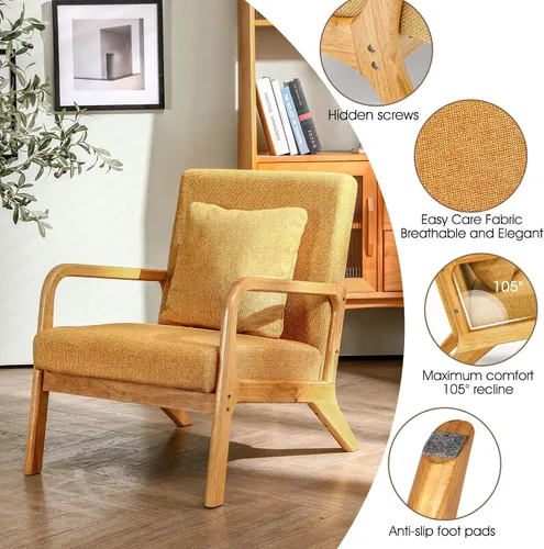 Miniatura 4 de ELUCHANG Silla decorativa moderna Mid-Century tapizada de tela de lino de primera calidad con patas de marco de madera, cómodas sillas de sala