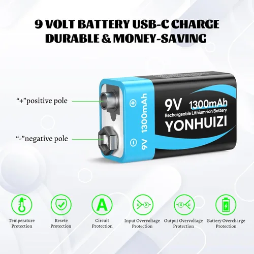 Miniatura 2 de 2-Pack 1300mAh Rechargeable 9V Batteries, 9 Volt Lithium-ion Square Battery Long Lasting Power+Clip Connector and Storage Box for Smoke Alarms