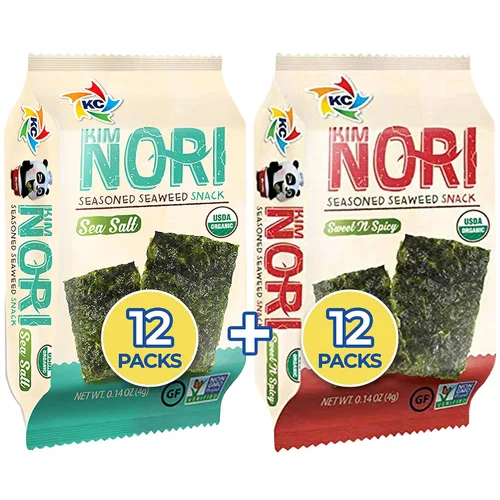 KIMNORI Hojas de bocadillos de algas marinas sazonadas – Sabor dulce y picante con sal marina orgánica 24 paquetes individuales tostados crujientes