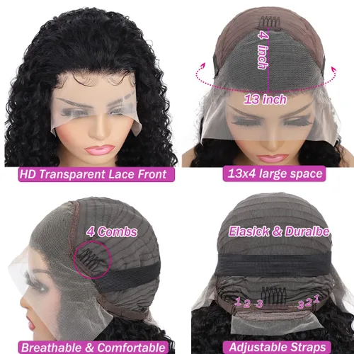 Miniatura 25 de Pelucas con malla frontal de onda profunda 13x4, cabello humano pre-sacado, 180% de densidad, 9A, sin pegamento, pelucas de cabello humano mojadas