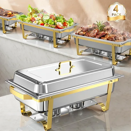 Platos de roce para buffet, paquete de 4, 11 cuartos cuadrados [tamaño grande y resistente] Calentadores de alimentos de acero inoxidable para
