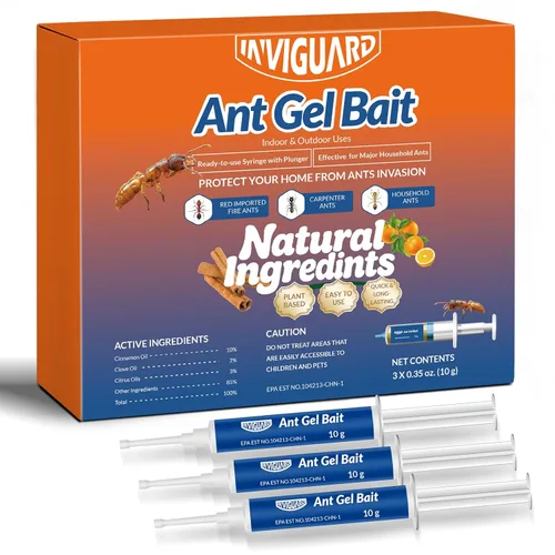 Cebo de gel para hormigas, 3 tubos x 0.35 oz, uso en interiores y exteriores, gel asesino para el control de la mayoría de las principales especies