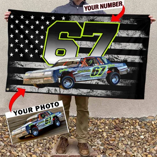 Miniatura 9 de Sprint Car Racing - Foto personalizada, nombre y número de carreras de bandera estadounidense a cuadros para amantes de las carreras de pista
