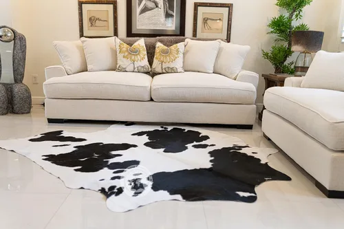 Miniatura 2 de Sunshine Cowhides Alfombra de piel de vaca 100 % auténtica, color blanco y negro, alfombra de estilo moderno de piel de animal y alfombra para sala