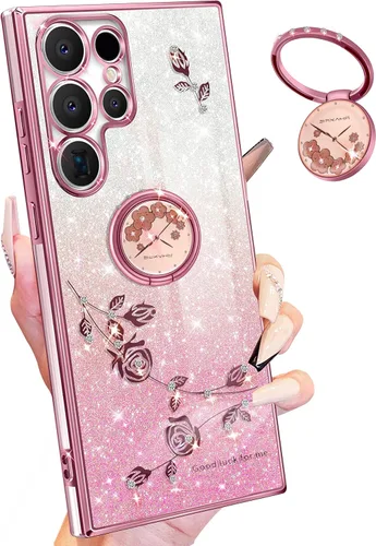 Miniatura 11 de Funda para Samsung Galaxy S22 Ultra con purpurina brillante para mujeres y niñas, cubierta de teléfono morada, diseño floral con anillo de flores