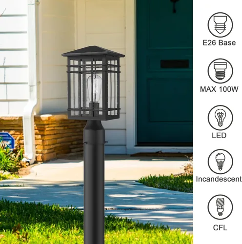 Miniatura 3 de Lámpara de poste para exteriores, farol de poste exterior con vidrio sembrado en acabado negro, luz de pilar ideal para patio, camino y entrada