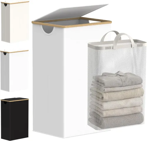 Miniatura 17 de efluky Cesta de lavandería con tapa y bolsa extraíble, cesta de lavandería de 100 litros de alto con asas de bambú, papelera estética para ropa Gris