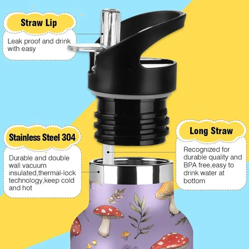 Miniatura 3 de Red Mushrooms Termitomyces Albuminosus Purple Double Wall Vacuum Insulated Bottles Water Bottles With Straws Leak-proof BPA-Free Leak Proof for Gym