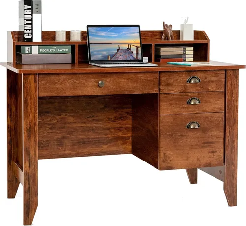 Miniatura 10 de Escritorio para computadora con cajones y gabinete, escritorio de madera para oficina en casa con estantes de almacenamiento, estación de trabajo