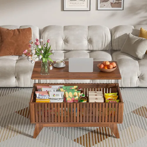 Miniatura 5 de Mesa de centro elevable con compartimento oculto, mesa de centro moderna de mediados de siglo para sala de estar, mesa central de granja de diseño