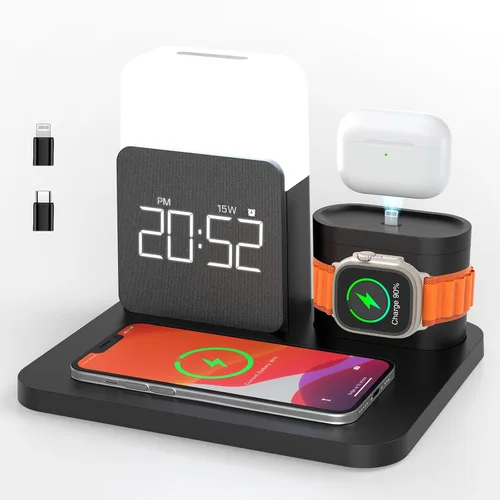 Miniatura 8 de Estación de carga inalámbrica, soporte de carga inalámbrica 7 en 1 con reloj de alarma dual, base de carga para iPhone Púrpura