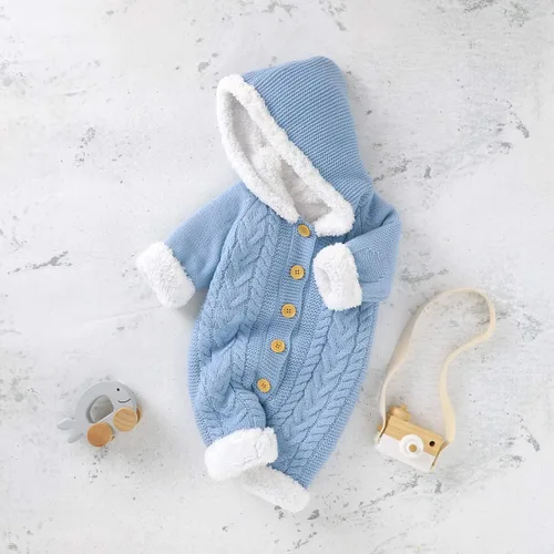 Miniatura 8 de puseky Mameluco de vellón de punto para bebé recién nacido, con capucha, de una pieza, para exteriores, Azul Patchwork, 0-6 meses