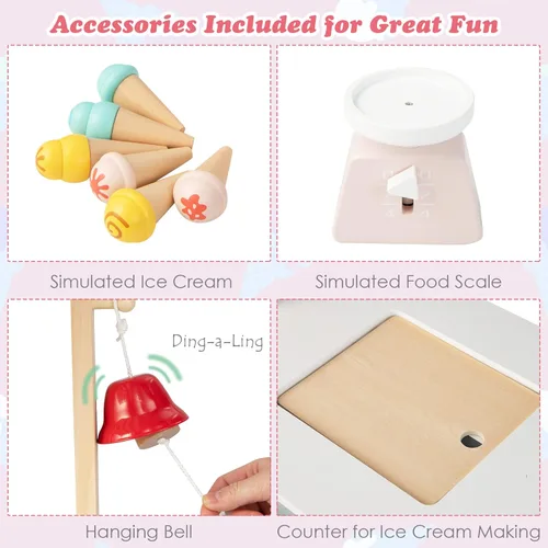 Miniatura 4 de HONEY JOY Carrito de Helados para Niños, Set de Juego de Tienda de Abarrotes de Madera con 6 Piezas de Comida de Juguete, Campana Realista y Báscula