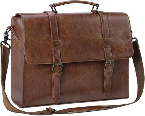 Miniatura 9 de Bolso bandolera de cuero para hombre, estilo vintage, de 15.6 pulgadas, impermeable, de cuero, para laptop, bolsa de hombro grande, bolsa de hombro