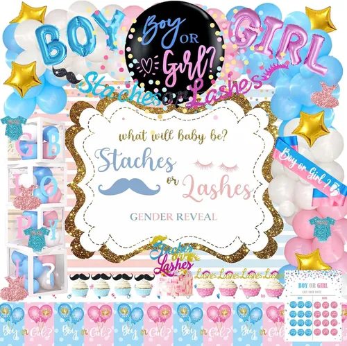 Miniatura 17 de Hombae - 170 piezas de decoraciones para revelación de género “cajas de bebé”, con fondo, guirnalda de globos, pancarta, mantel