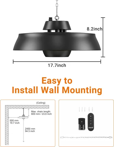 Miniatura 7 de Pasapair Calentador de Patio - Calentador Colgante para Exteriores de 1500W, Calentamiento Rápido de 3S con Control Remoto - Altura Ajustable