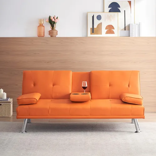 Miniatura 2 de KEIKI Sofá futón plegable de cuero de 67 pulgadas con portavasos y respaldo ajustable, moderno de mediados de siglo, sofá biplaza convertible