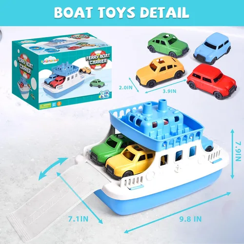 Miniatura 5 de FUN LITTLE TOYS Barco de juguete para baño para niños pequeños con 4 juguetes de mini autos, juguetes de agua para niños, barco de ferry