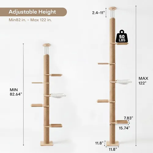 Miniatura 2 de Árbol para gatos de piso a techo, altura ajustable de 5 niveles (6-10.1 pies), torre de escalada con postes rascadores de sisal, actividad
