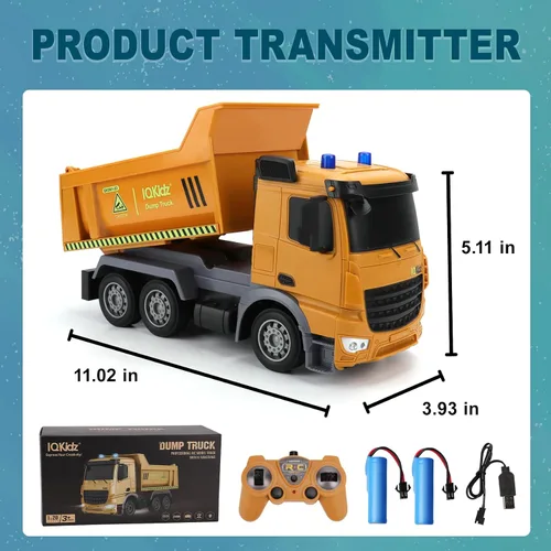 Miniatura 8 de IQKidz Camión volquete de juguete a control remoto – Vehículos de construcción RC con luces de advertencia azules, camiones de juguete para niños