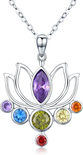 TANGPOET Chakra Necklace Sterling Silver Lotus Pendant Necklace Healing Crystal Dragonfly Jewelry Birthday Christmas Gifts for Women Mom Daughter