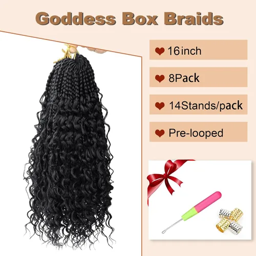 Miniatura 2 de Goddess Box Braids - Cabello de ganchillo con extremos rizados de 16 pulgadas, trenzas de caja bohemias de ganchillo, 8 paquetes, trenzas