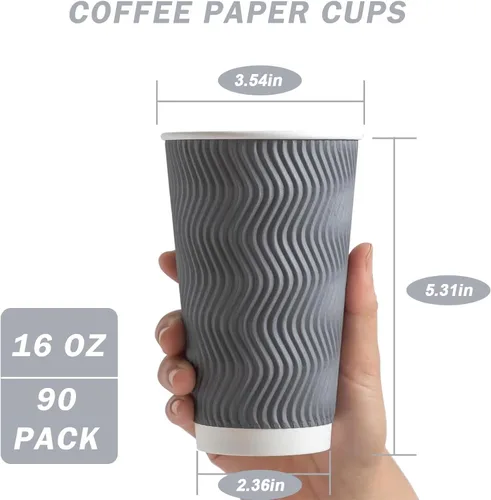 Miniatura 2 de Clawsoff Paquete de 90 tazas de café desechables de 16 onzas sin tapas, tazas de café de papel ondulado aislado gris de 16 onzas, tazas de papel