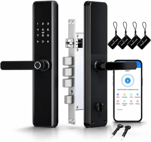 Cerradura de puerta inteligente con asa, cerrojo de entrada sin llave con huella digital, teclado de pantalla táctil, control de aplicación Tuya,