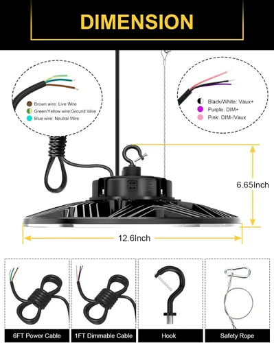 Miniatura 7 de Luz LED UFO de alta bahía, 150W/100W/80W ajustable, 3000K/4000K/5000K ajustable, UL listado 21000LM 0-10V regulable IP65 impermeable alta Bahía