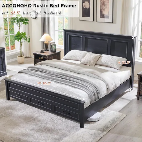 Miniatura 3 de ACCOHOHO Marco de cama tamaño Queen con cabecera de 52 pulgadas de alto, plataforma de madera con estribo y cajones de almacenamiento, no chirridos