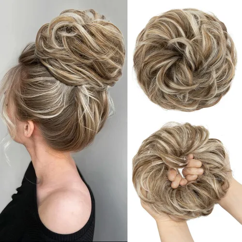 Miniatura 15 de CJL HAIR Extensiones de cabello sintético de moño desordenado, ondulado, rizado, grueso, para coleta, para mujer (rubio blanco)
