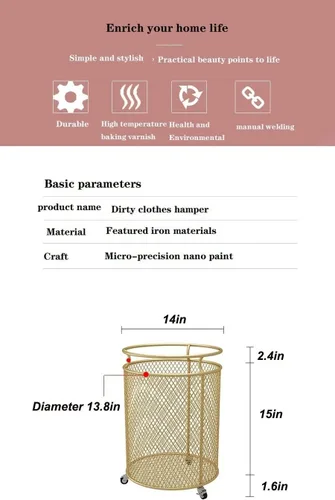 Miniatura 2 de Cesta de lavandería con ruedas, cesta de metal para organizador de habitaciones, contenedores de almacenamiento de ropa sucia de malla redonda
