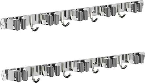 Miniatura 15 de CUXIXA Organizador de escoba y trapeador para colgar en la pared, soporte de pared mejorado para trapeador y escoba, soporte de pared de acero Plata