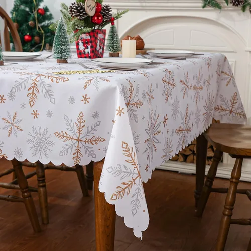 Miniatura 3 de Mantel de Navidad de 60 x 104 pulgadas, decoración de copos de nieve, mantel dorado blanco para el hogar, mantel de temporada de invierno con borde