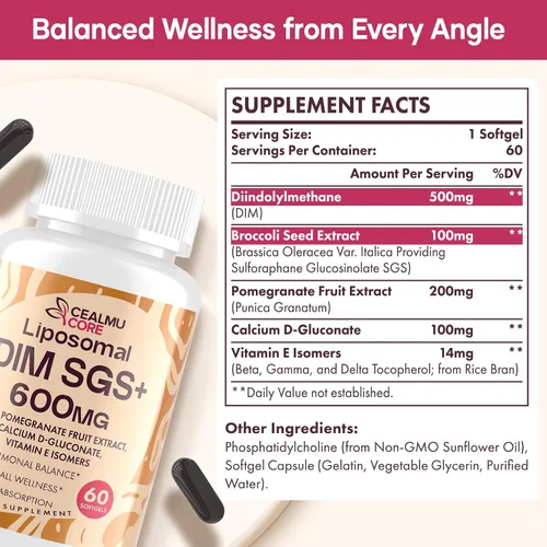 Miniatura 2 de Suplemento liposomal DIM SGS – Suplementos de estrógeno para mujeres y hombres contienen glucosinolato de sulforafano, vitamina E, fruta de granada