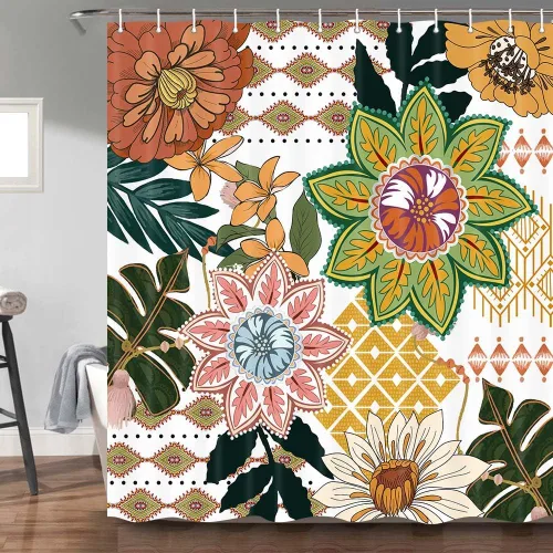 Miniatura 2 de Torich Cortina de ducha bohemia floral para baño, abstracta de mediados de siglo, decoración bohemia, cortinas de baño, flores botánicas, hojas