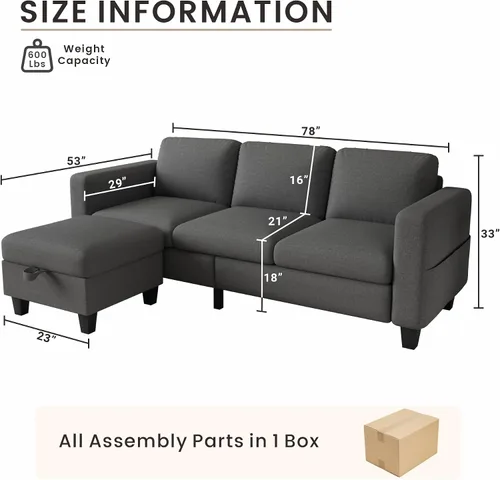 Miniatura 2 de Grzyhem Camillas seccionales para sala de estar, sofá convertible en forma de L, sofá moderno de lino gris de 3 plazas, sofás de 78 pulgadas