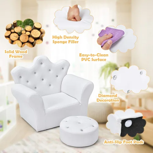 Miniatura 4 de Costzon Sofá para Niños, Sofá Tapizado para Niños con Otomán, Sofá de Princesa con Decoración de Diamantes, Otomán, Silla de Cuero PVC Suave