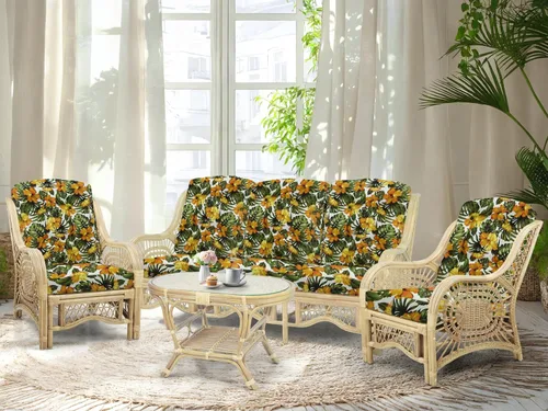 Miniatura 22 de Malibu Lounge Juego de 4: 2 sillas de mimbre de ratán natural, sofá de tres plazas con cojines marrón claro y mesa de centro con vidrio hecho a