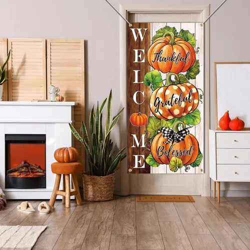 Miniatura 6 de SENSEVEN Cartel de Acción de Gracias de calabaza de otoño, cubierta grande para puerta de otoño, decoración de porche de bienvenida de otoño de 70.9
