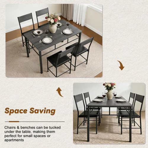 Miniatura 6 de Juego de mesa de comedor para 4, juego de mesa de cocina y sillas de 5 piezas, mesa de comedor rectangular de madera con marco de metal y tablero
